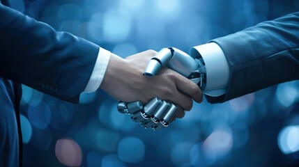 Close-up shot of a handshake between a businessman and a robot, representing AI in the business world