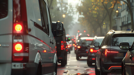 A traffic jam on the street with cars and trucks stuck in it
