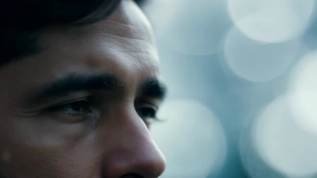 Close-up of pensive man with weathered face and expressive eyes, deep in thought with soft out-of-focus cool-toned background