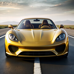 Fototapeta premium Golden Sports Car Cruises Down Sunny Highway