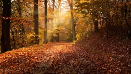 Obraz premium Tall trees sway gently in the hot air. Squirrels scamper along branches. The forest floor is carpeted with fallen leaves.