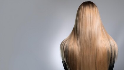 Naklejka premium Long, silky hair cascades down the back, highlighting beauty and elegance with a soft, stylish appearance against a neutral background.