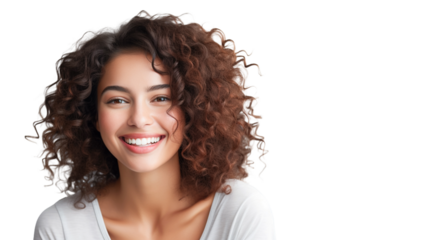 Portrait of beautiful girl with white smile on transparent background. Woman smiling joyfully, showing her white straight teeth.