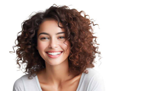 Portrait of beautiful girl with white smile on transparent background. Woman smiling joyfully, showing her white straight teeth.