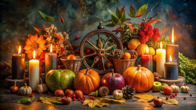 Vibrant still life of Mabon-inspired Wiccan altar with fruits, pumpkins, nuts, candle, and wheel of the year on dark abstract background.