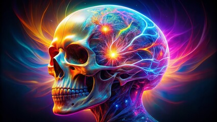 Vibrant luminescent glow emanates from human skull, representing intellect, creativity, and profound comprehension of the intricate human mind's inner workings.