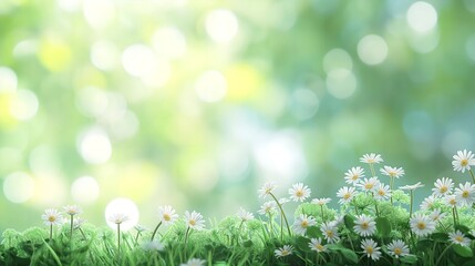 Serene Nature Background with Blurred Sunny Spring Meadow and Vibrant Green Grass Under Blue Sky, Perfect for Posters and Banners with Space for Text and Graphics