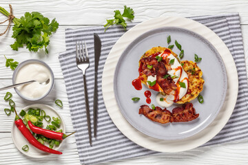 tasty cheese sweet corn pancakes with fried bacon