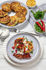 tasty cheese sweet corn pancakes with fried bacon