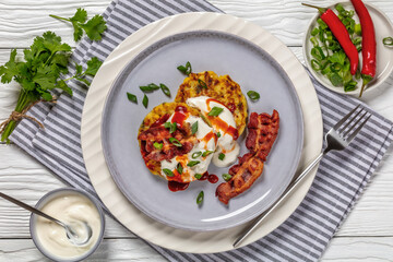 tasty cheese sweet corn pancakes with fried bacon