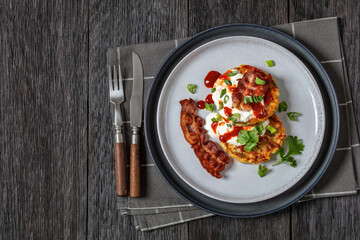 tasty cheese sweet corn pancakes with fried bacon