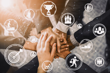 Achievement and Business Goal Success Concept - Creative business people with icon graphic...