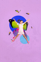 Vertical photo collage of happy small cute girl fly butterflies wings fairy spring season bug colorful isolated on painted background