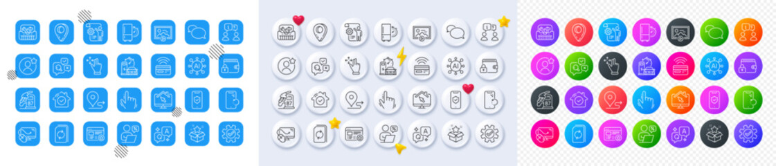 Smartphone recovery, Computer mouse and Favorite line icons. Square, Gradient, Pin 3d buttons. AI, QA and map pin icons. Pack of Loyalty program, Lock, Settings blueprint icon. Vector