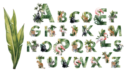 Watercolor illustration featuring the alphabet with tropical leaves and jungle animals.