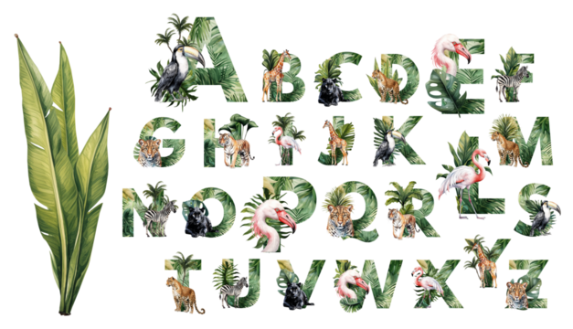 Watercolor illustration featuring the alphabet with tropical leaves and jungle animals.