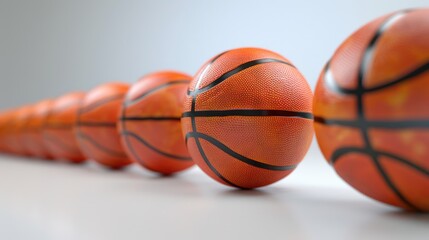 A series of basketballs, with a close-up view of their orange leather texture, set against a white background, providing space for text, a competitive sports image.