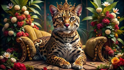 Majestic ocelot adorned with regal crown and opulent golden attire lounges on lavish velvet throne amidst extravagant floral arrangements.