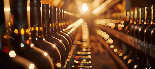Rows of Wine Bottles in a Warmly Lit Cellar