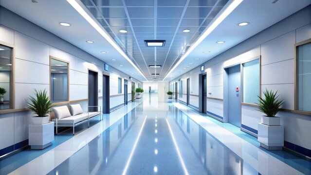 Sleek, well-lit hospital corridor features prominent signage, polished floors, and sleek architectural lines, evoking a sense of modern medical excellence.