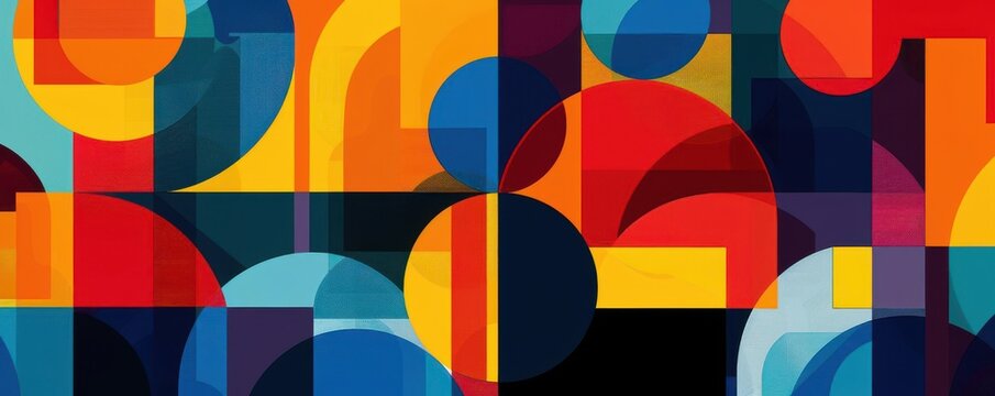 Colorful abstract shapes, central alignment, dynamic composition, modern style, vibrant palette
