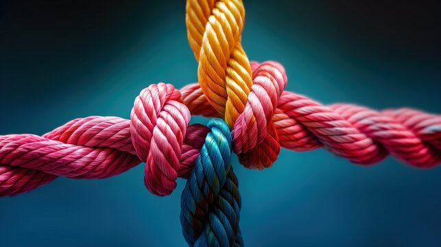 Various colorful ropes connecting with each other, concept of unity and group strength.