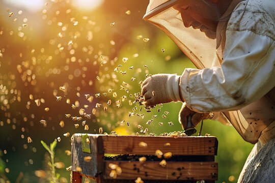 Beekeeper checking a hive with bees swarming 