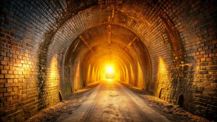 Obraz premium Warm golden light emanates from the distant end of a dimly lit, worn, and weathered old brick tunnel.