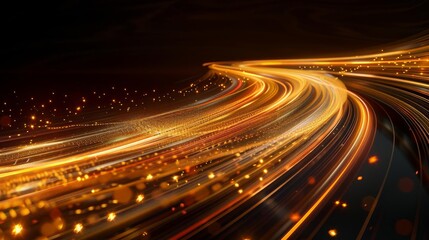 A captivating scene of golden light trails swirling and arching in the darkness The dynamic curves and lines