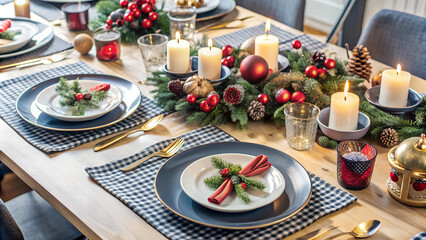 Naklejka premium Christmas dinner table with festive decorations and candles