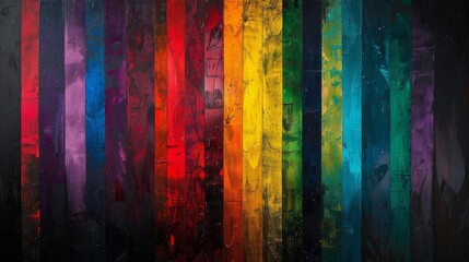 An abstract artwork featuring an array of vertical stripes in vibrant colors against a deep black background The stripes