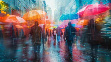 An abstract urban photograph depicting a bustling street with colorful umbrellas suspended above The motion blur effect gives the image a dreamy and surreal quality