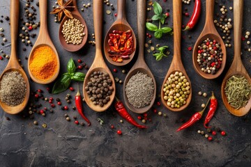 A collection of spices and herbs in wooden spoons scattered across a dark textured surface