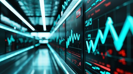 Obraz premium A futuristic trading floor with multiple holographic screens showing complex financial data. Metallic arrows intersect the screens, symbolizing various market trends.