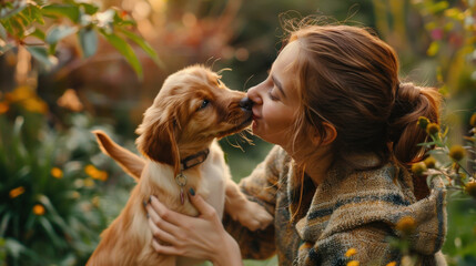 Naklejka premium Playful puppy giving kisses to its laughing owner in a beautiful garden
