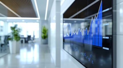 A large corporate office with a digital wall showing financial charts. Arrows in bright, contrasting colors highlight key data points. 
