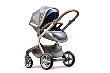 A modern silver baby stroller with brown leather accents sits on a pure white backdrop