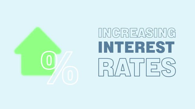 Increasing interest rates animation. Green arrow pointing upwards. Percentage sign on the right corner of the arrow.