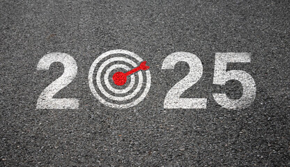 Fototapeta premium Business growth target for 2025. Business strategy and budget planning for new year. Year 2025 on asphalt road background with copy space.