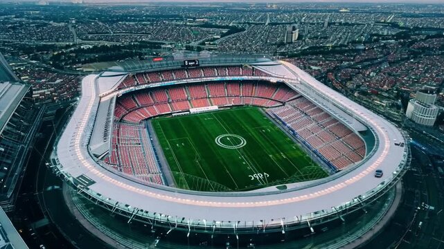 Stadium above the scenery with football field spotlights and a bird's-eye view of the city.