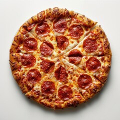 a pepperoni pizza on a white table with a slice missing