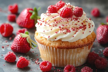 A Vanilla Cupcake Topped with Whipped Cream Raspberries and Red Sprinkles Surrounded by Fresh Strawberries and Raspberries