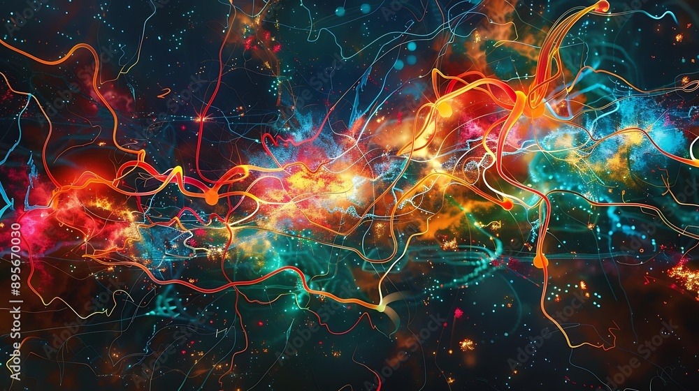 Poster a vibrant and intricate web of interconnected neural pathways symbolizing artistic creativity, with 