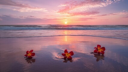 Three red flowers on the beach at sunset with a beautiful ocean in background, AI