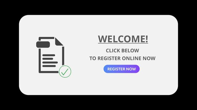 Animated pop up message. Register online now message and register now button. Sign up on a website or app.