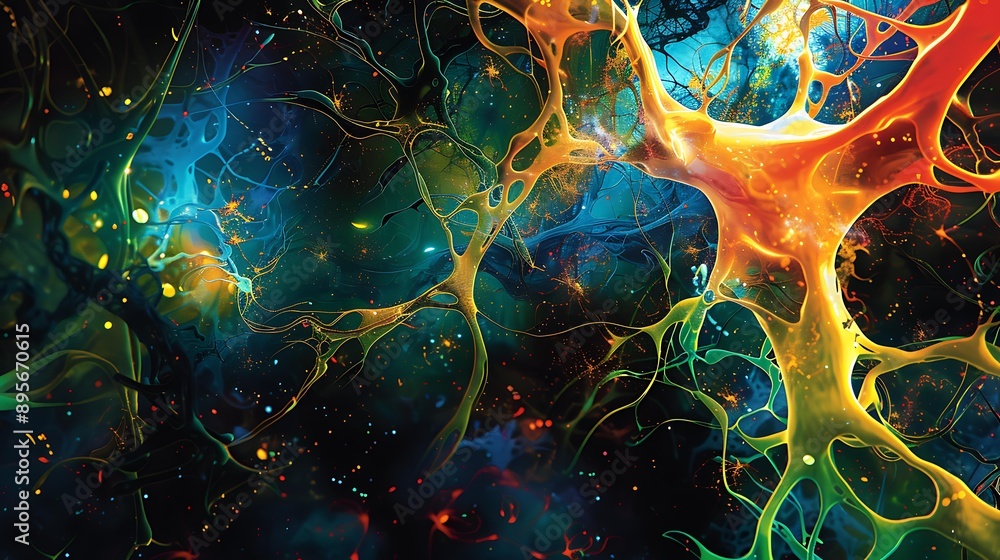 Poster a vibrant and intricate web of interconnected neural pathways symbolizing artistic creativity, with 