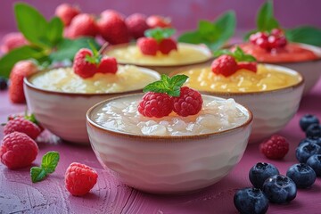A bowl of creamy white dessert topped with raspberries and a mint leaf surrounded by various berries on a vibrant pink surface