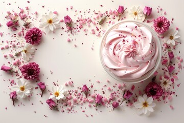 Fototapeta premium A bowl of pink whipped cream adorned with flower petals and sprinkles surrounded by scattered rosebuds and blossoms on a white background