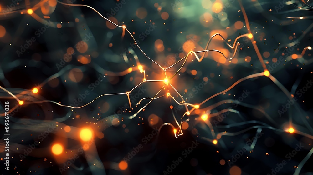 Poster abstract representation of a neural network with glowing nodes and connecting lines on a dark backgr