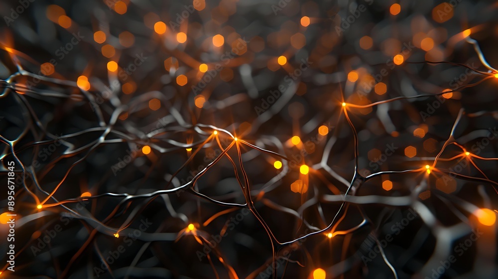Poster abstract representation of a neural network with glowing nodes and connecting lines on a dark backgr